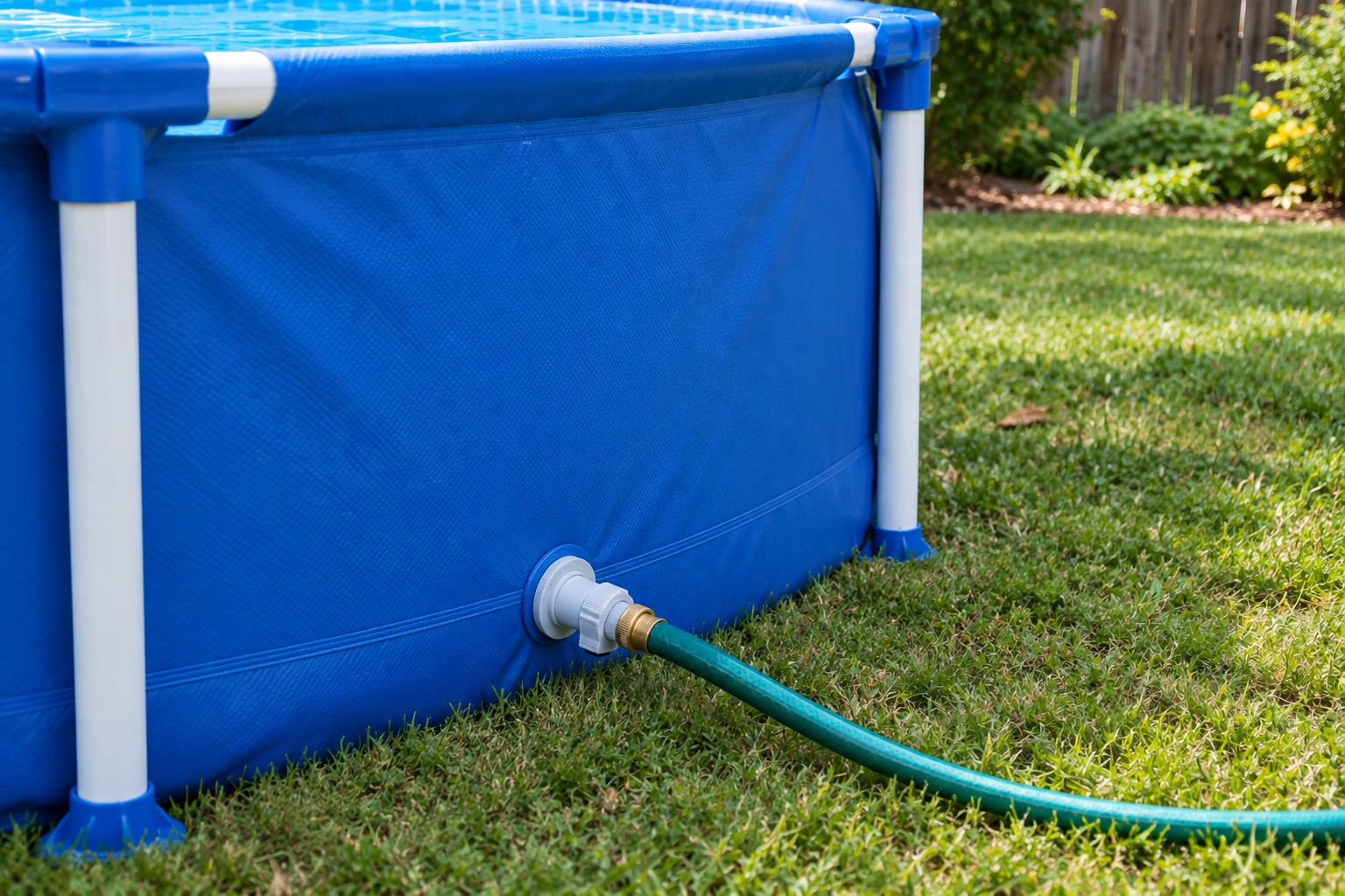 A drain connector connected to a portable pool and garden hose