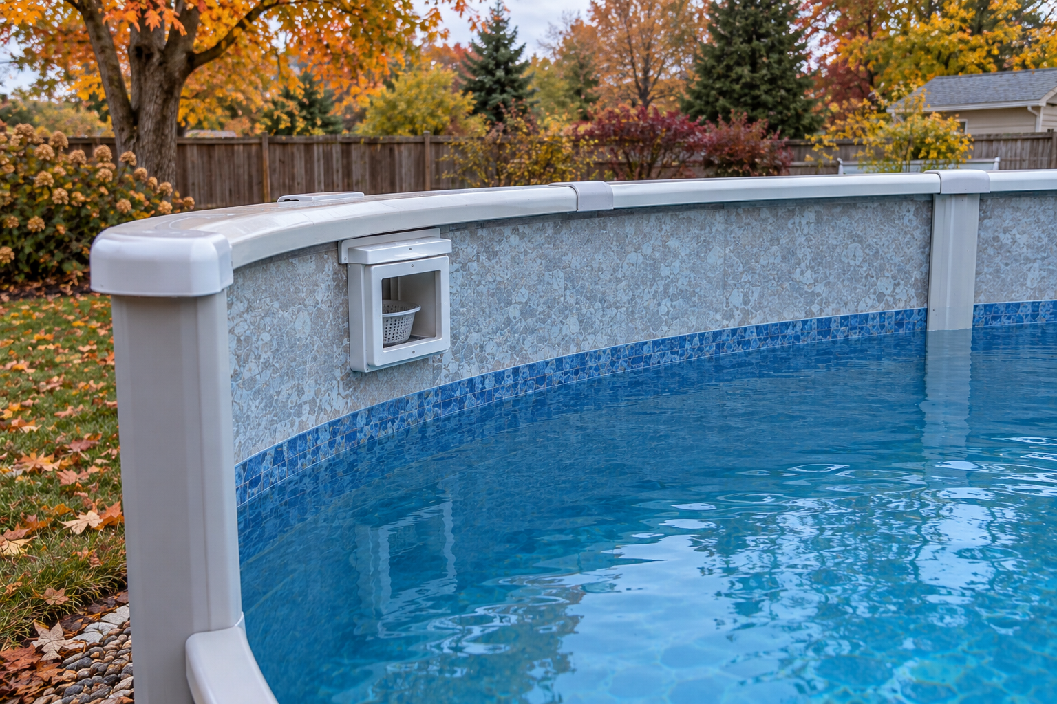 An above ground pool cutaway to show the waterline lowered below the skimmer