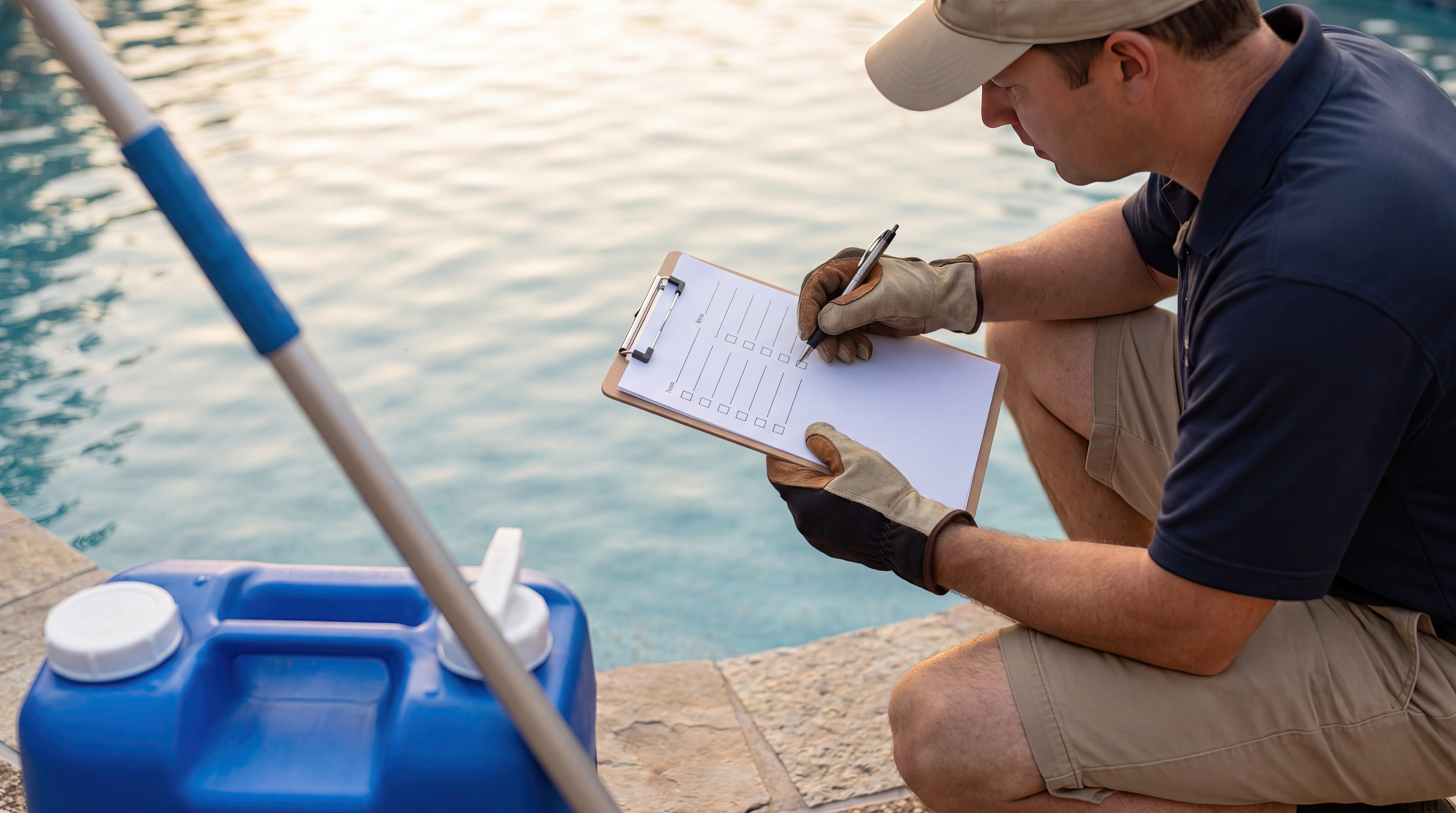 A man with a checklist next to a pool