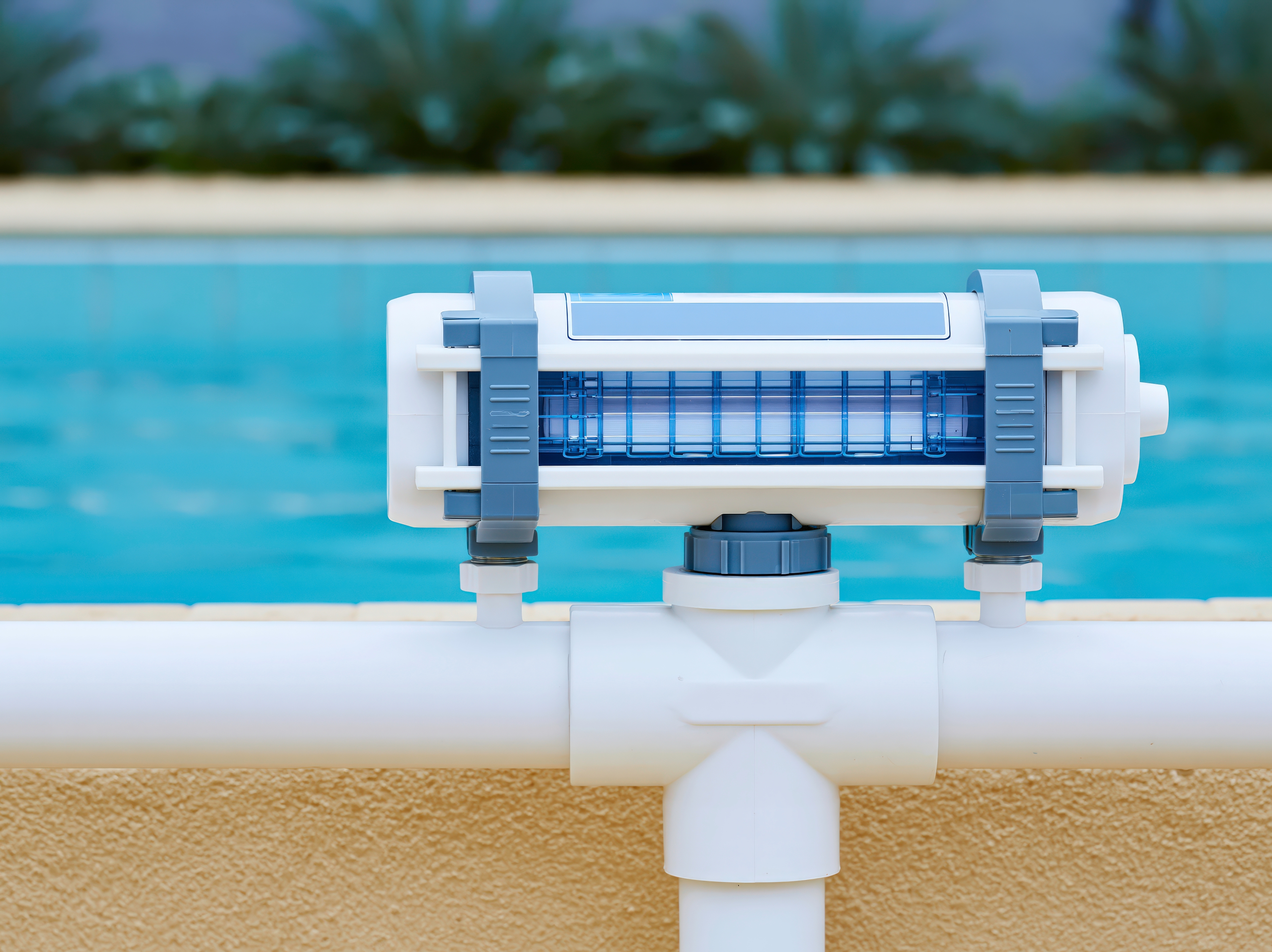 A saltwater generator on a pool