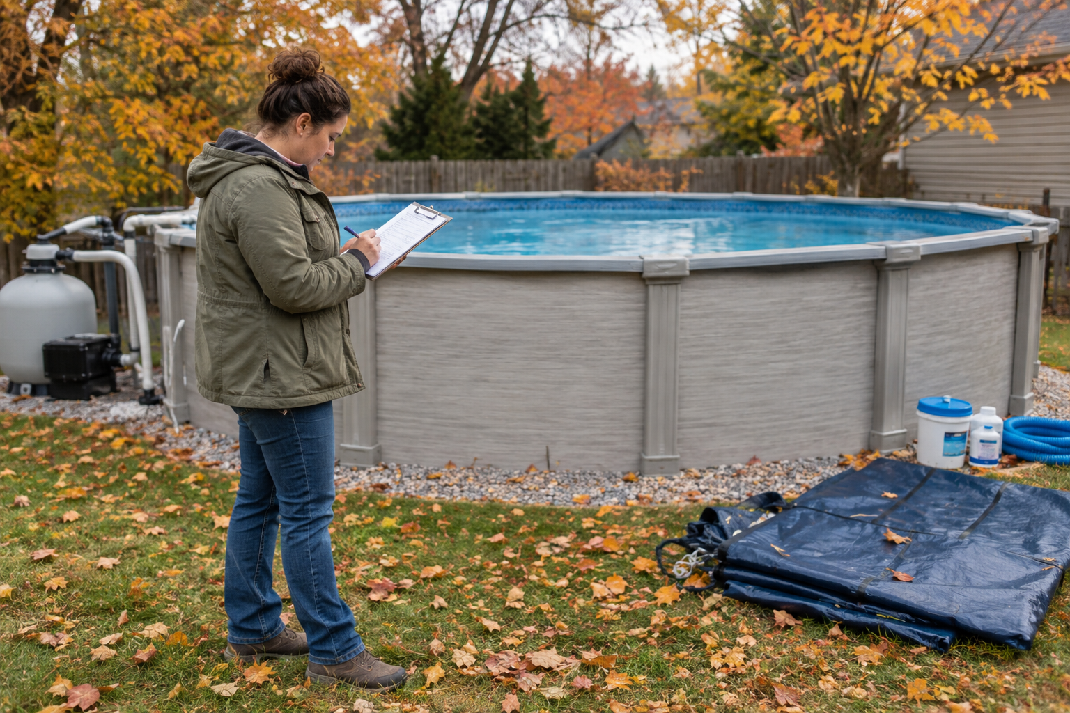 a woman checking over a checklist as she's about to close her above ground pool