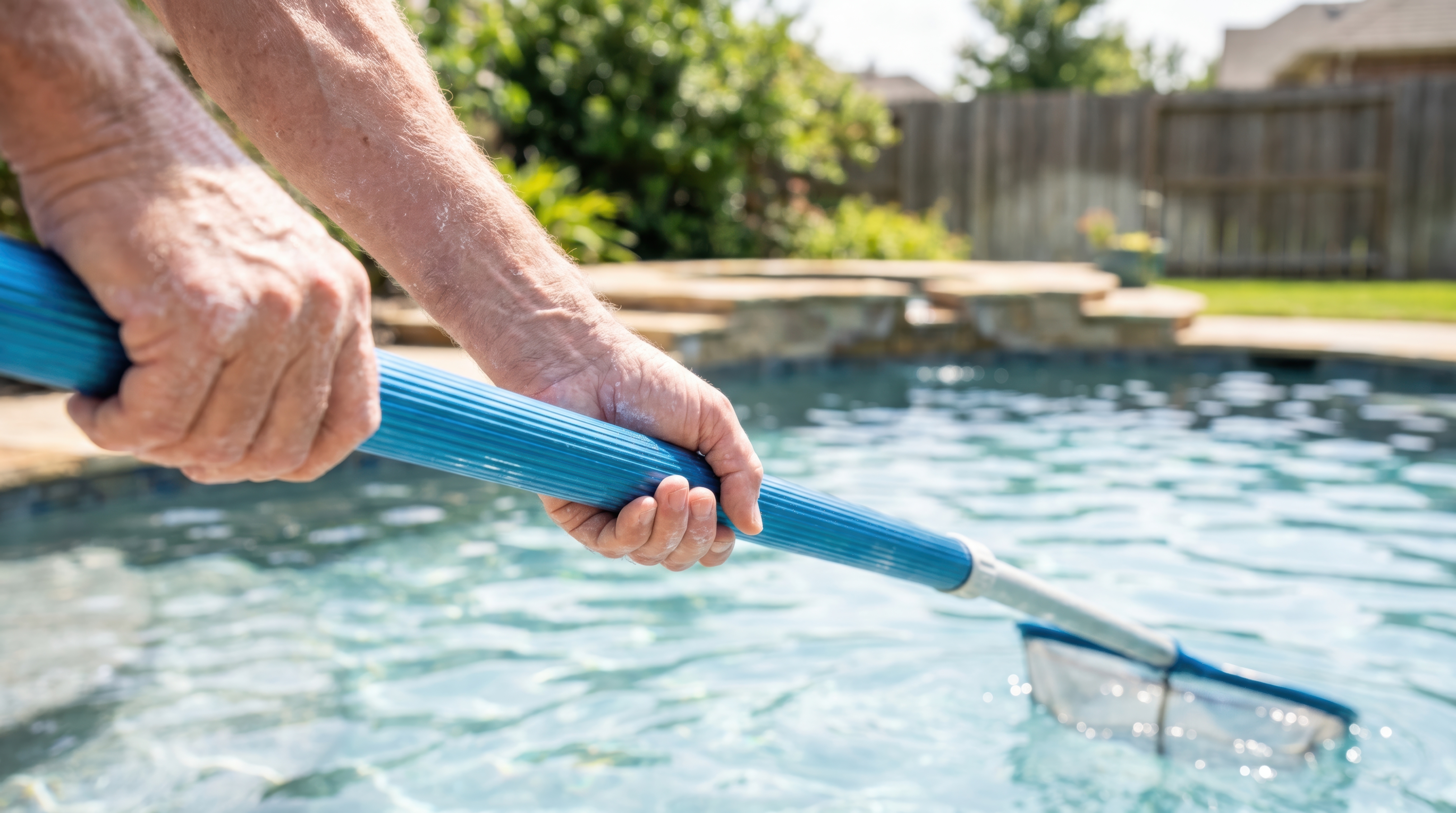 a man skimming his pool