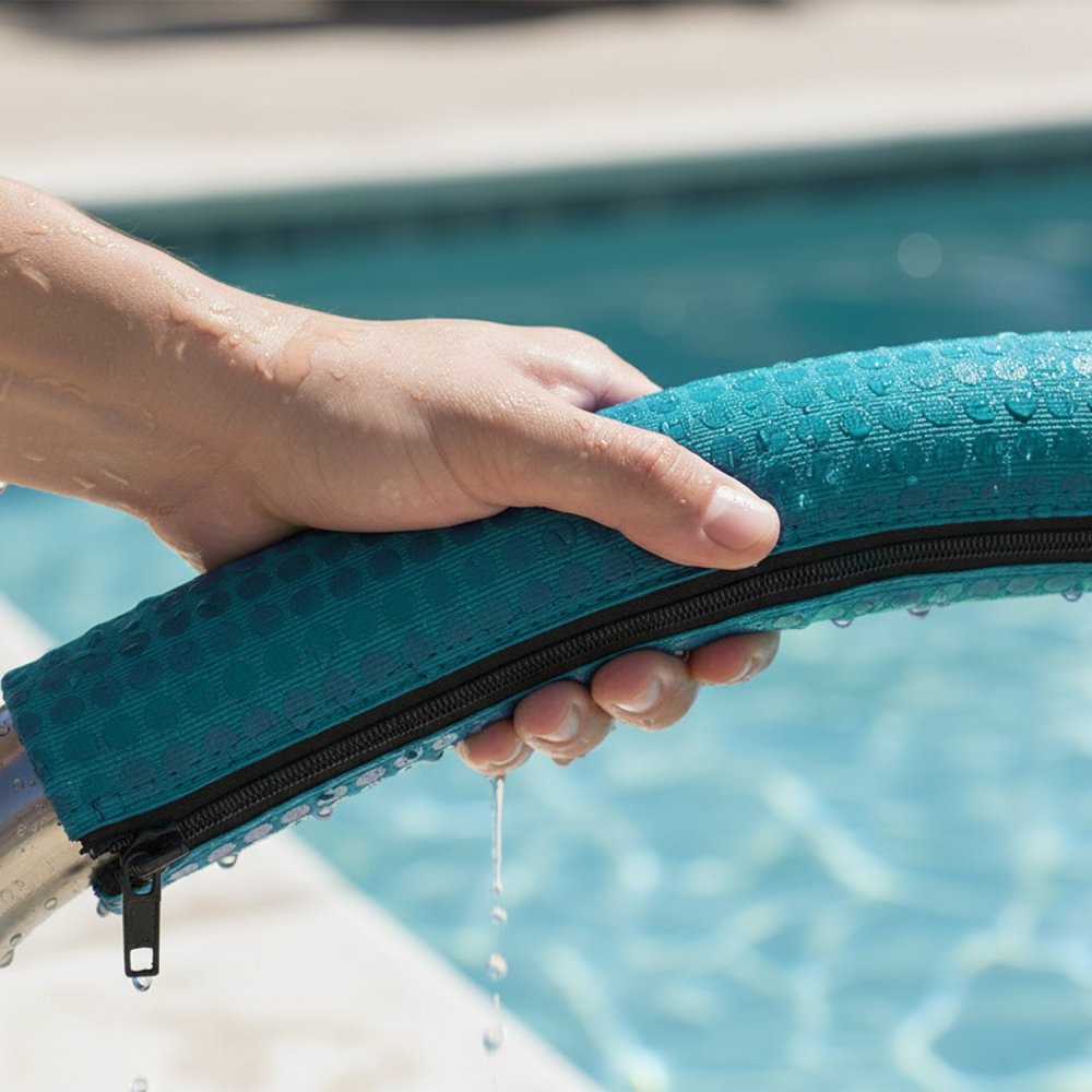 Pool Rail Cover by Rail Runners, Teal detail shot of someone's hand on the cover next to a pool