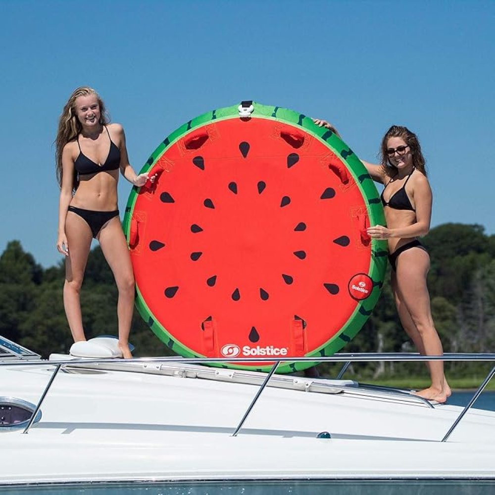 Lay-On Watermelon Island Towable Inflatable Standing Up On Boat