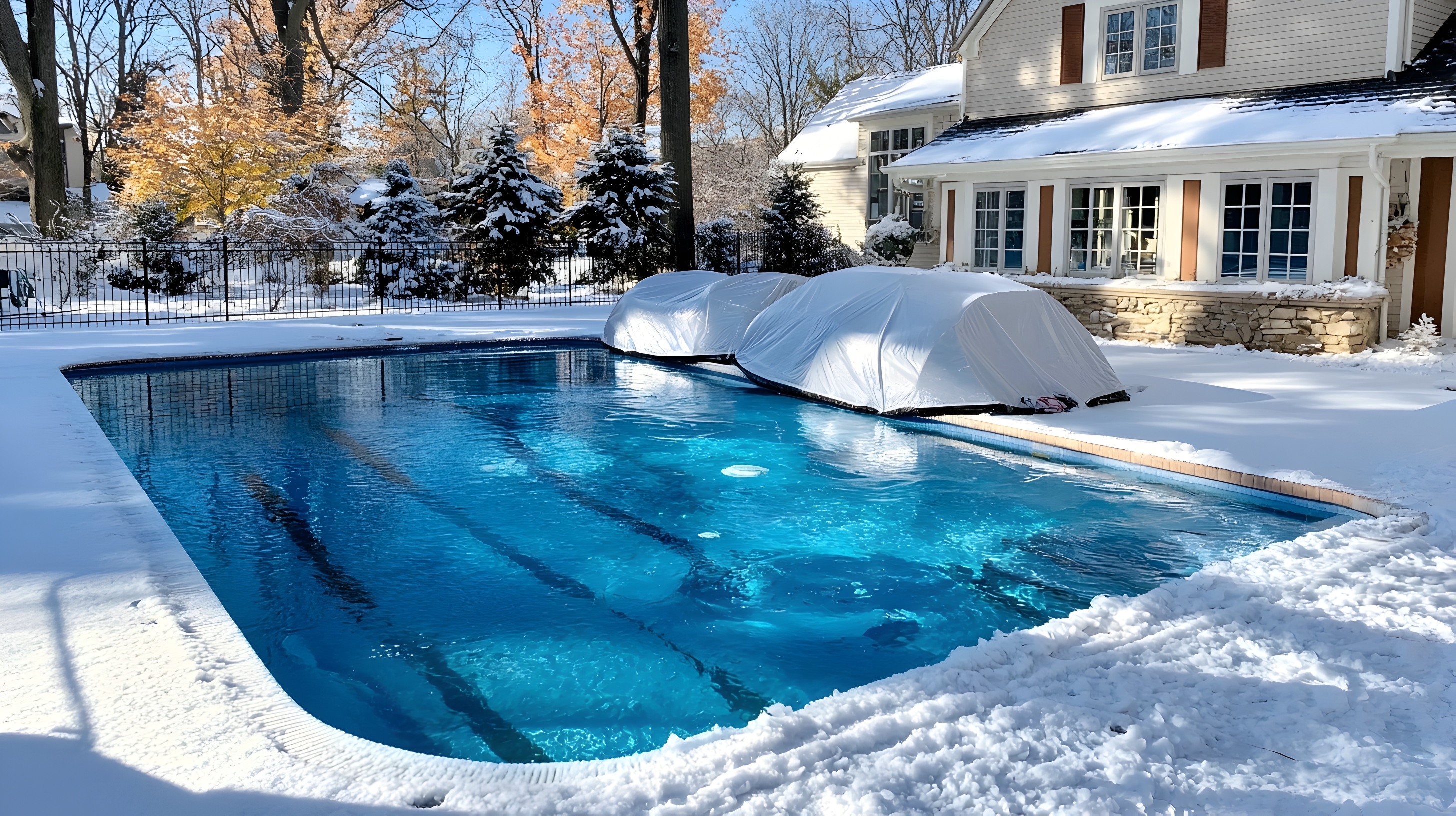 A pool surrounded by snow