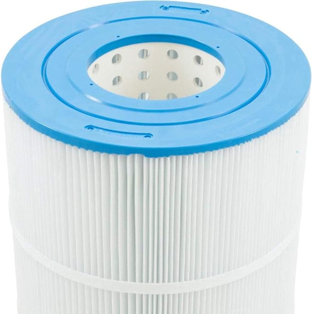 White Filter Media Cartridge For Pool Filter Close Up Of Blue Plastic End