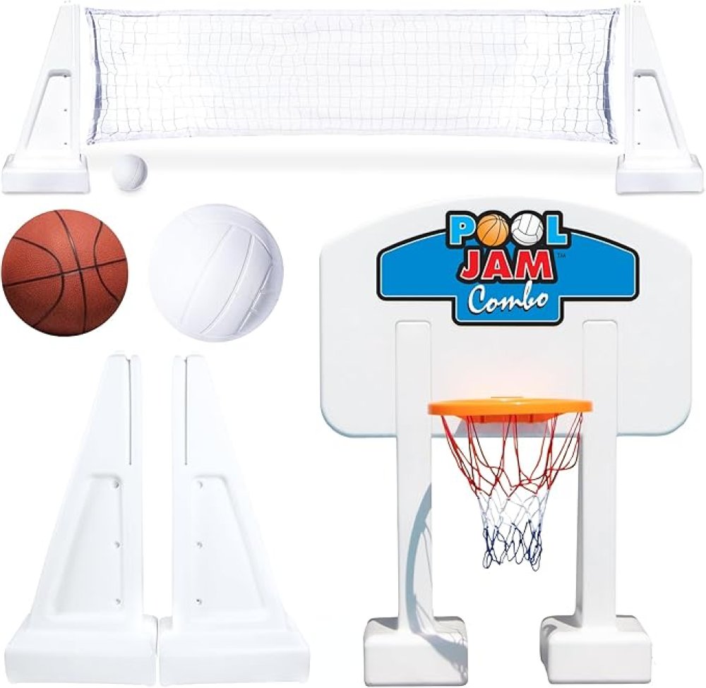 Pool Jam&trade; 2 in 1 Basketball / Volleyball Game In-ground (Fits pools 20 ft. Across)