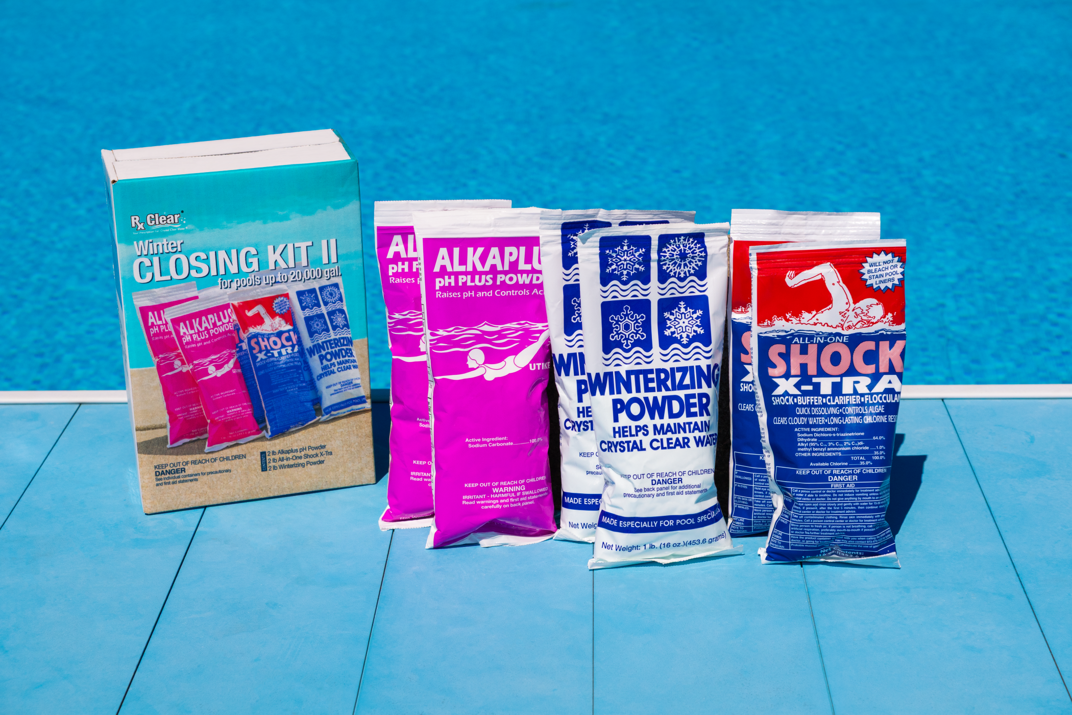 A chemical closing kit by the pool