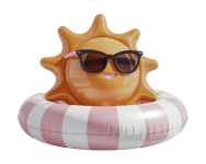 Cute sun cartoon with sunglasses floating in a pool ring, symbolizing solar pool rings