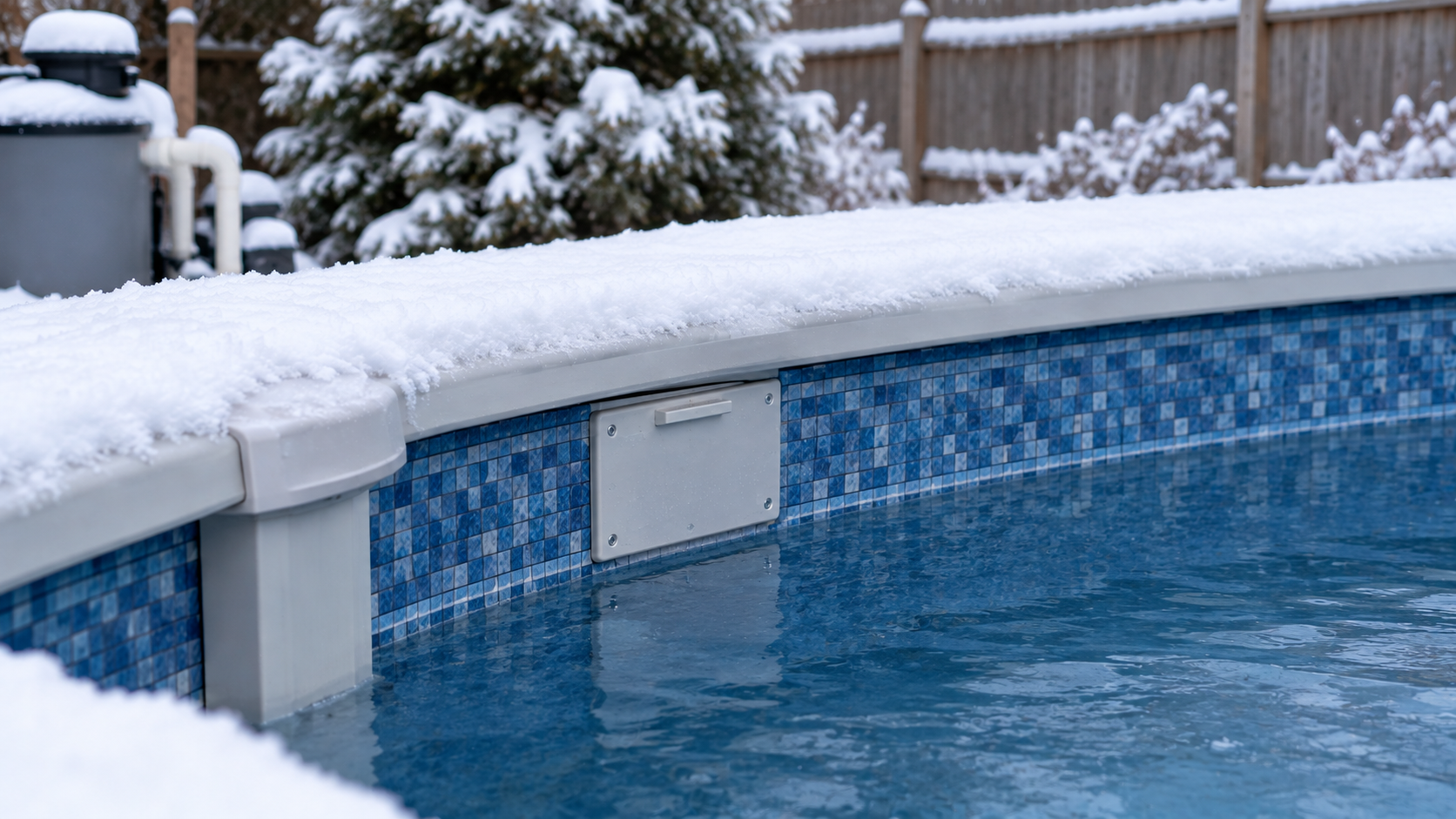A pool skimmer that has been winterized for the winter season
