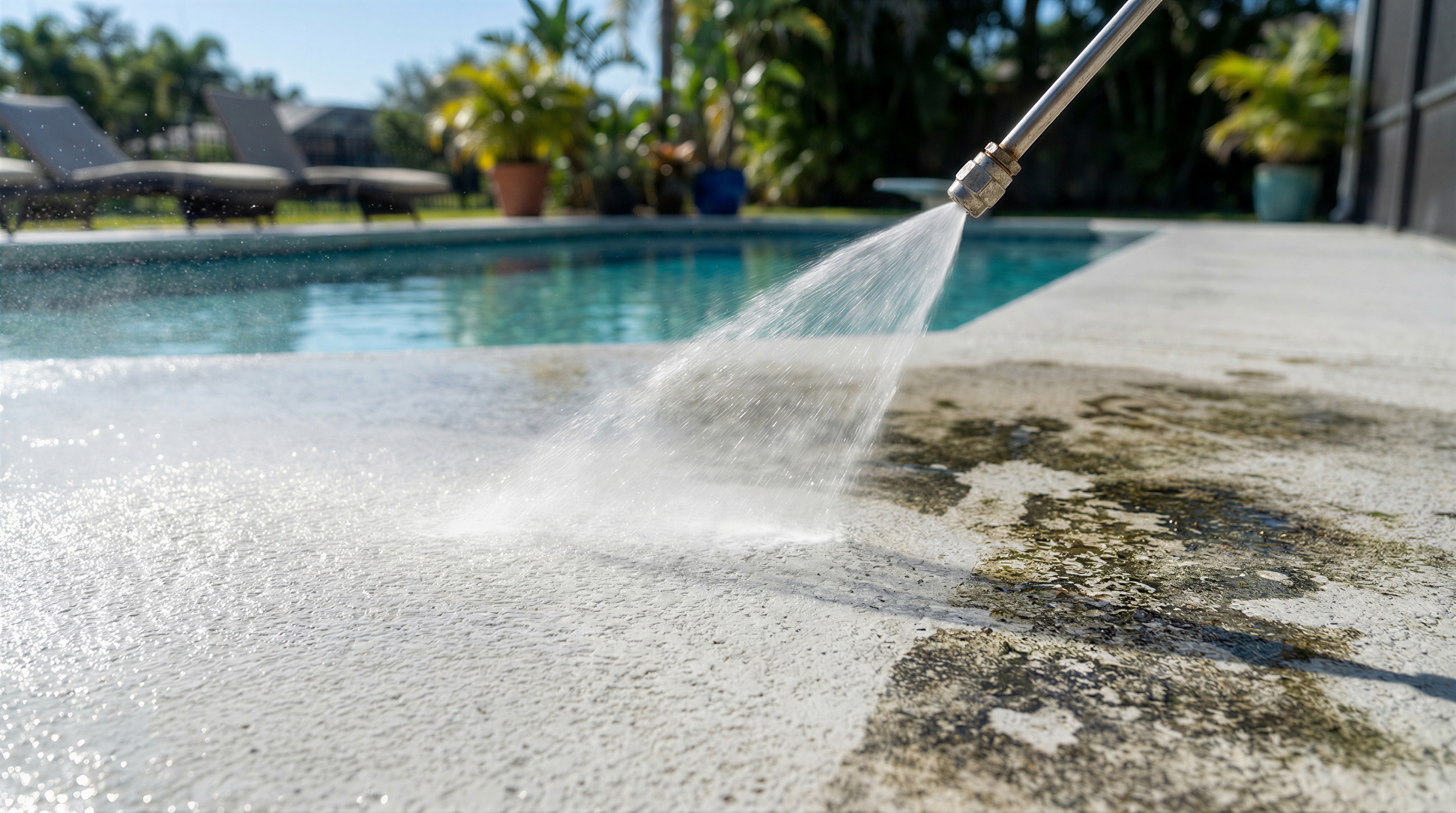 A person cleaning the outsode of a pool