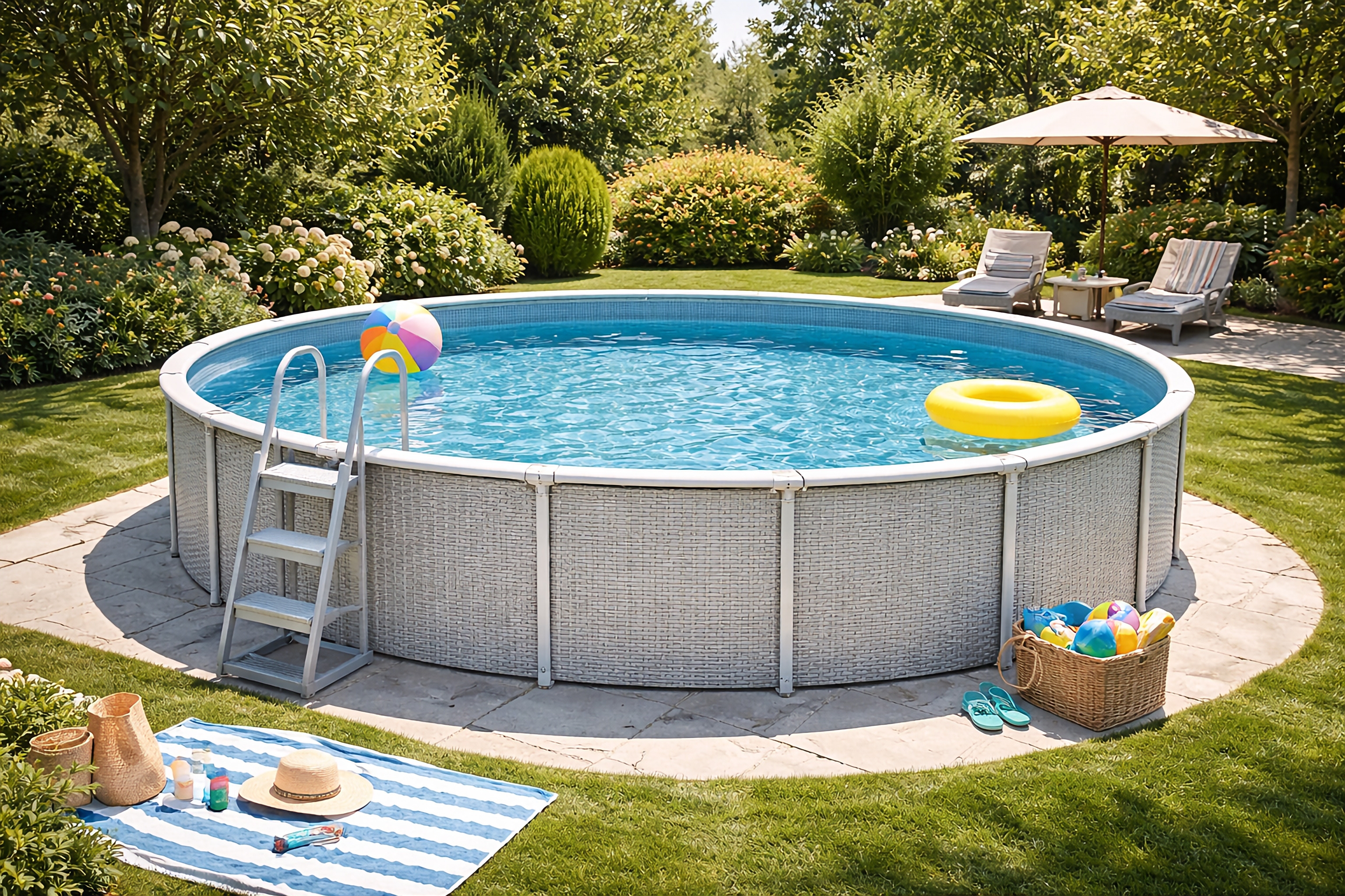 An above ground pool with a ladder and pool toys