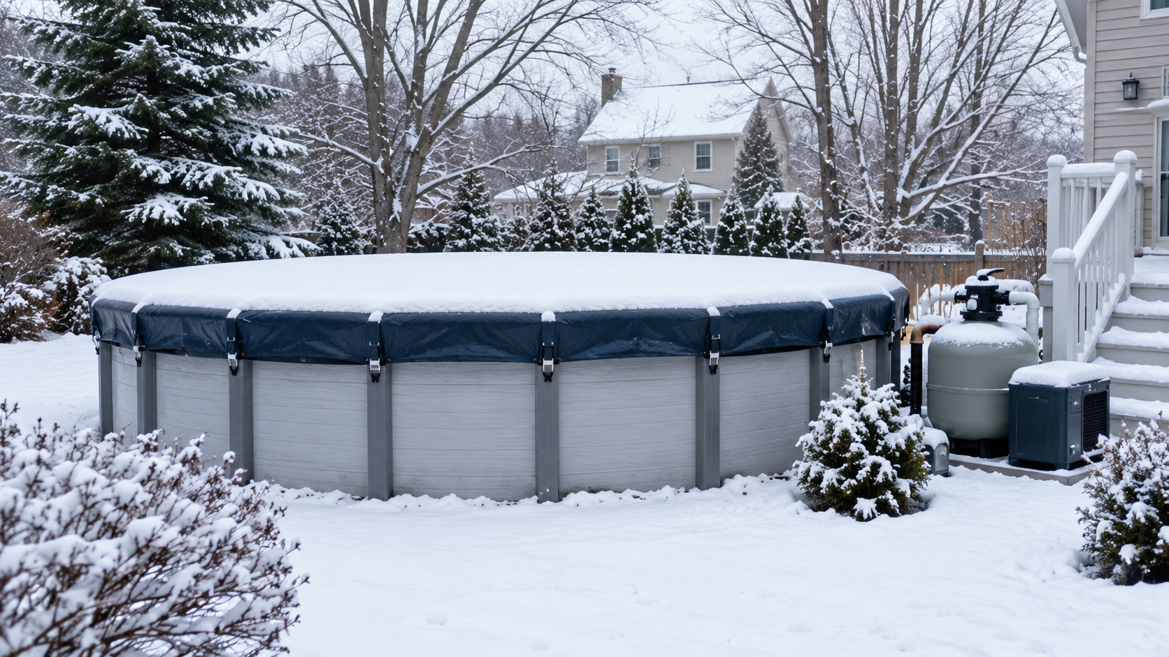 an above-ground pool that's closed for the winter