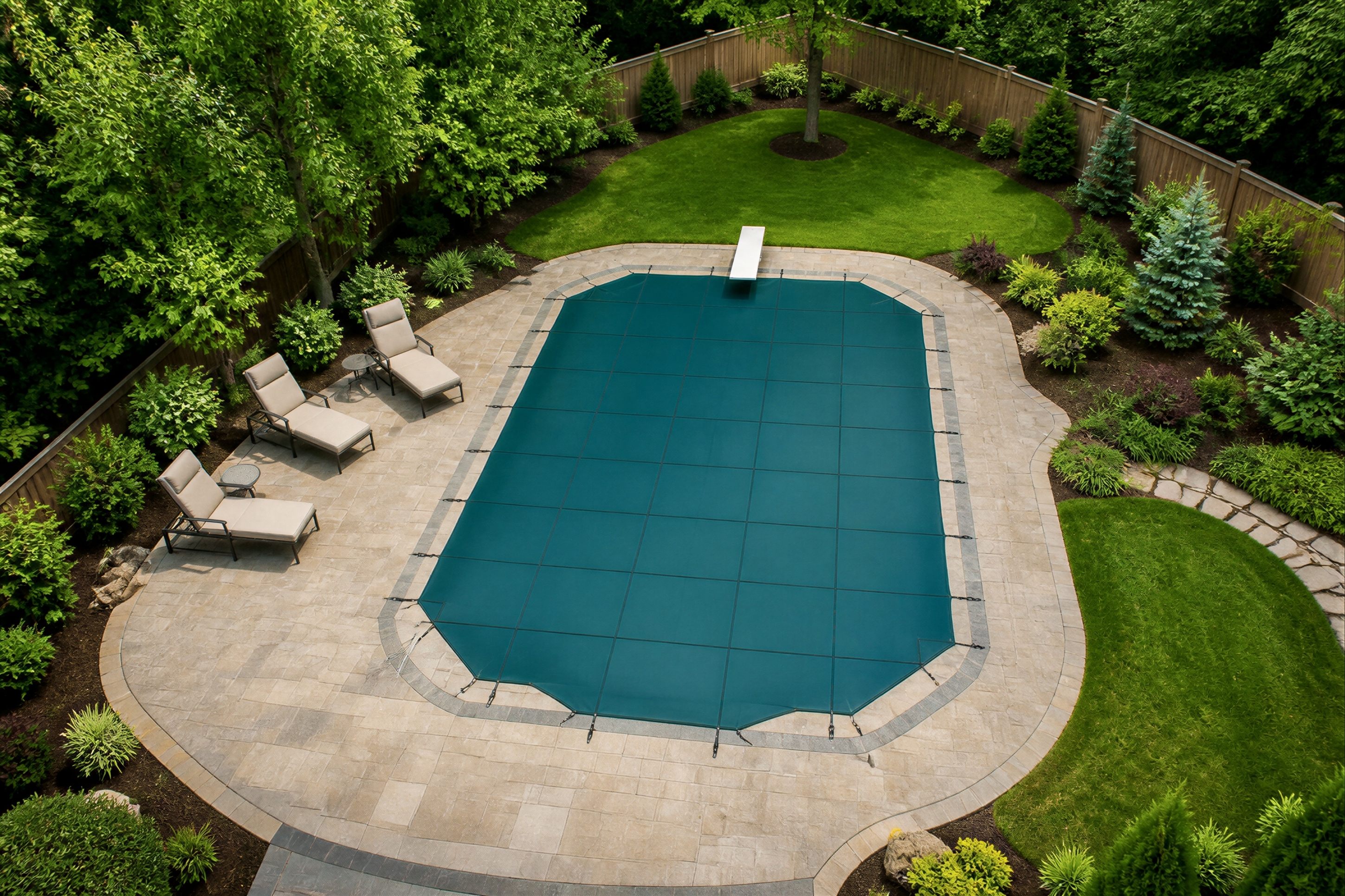 A clossed winter pool with a safety cover