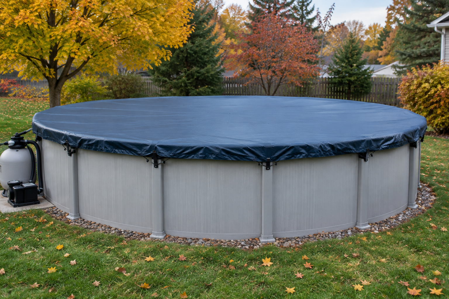 An above ground pool with a freshly installed winter cover