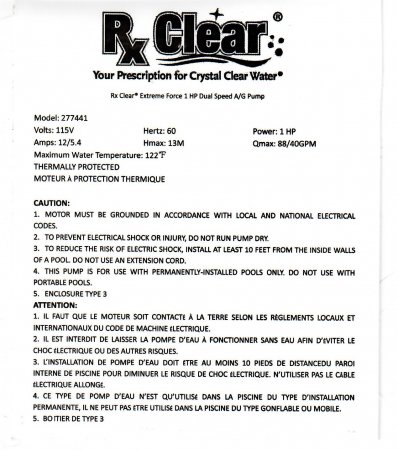 Rx Clear® Extreme Force Dual Speed Above Ground Pump Information