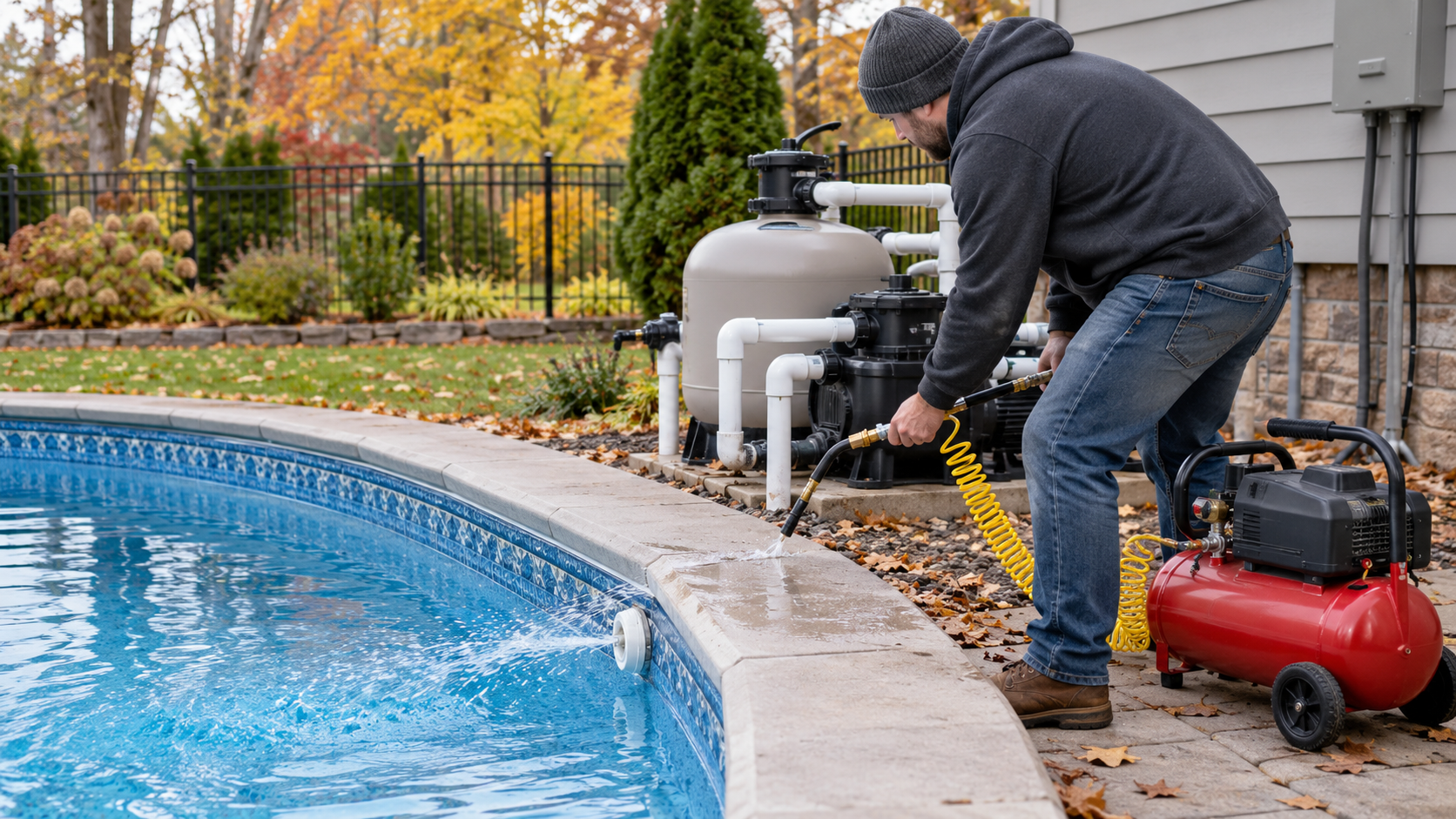A man blowing out the lines of his pool