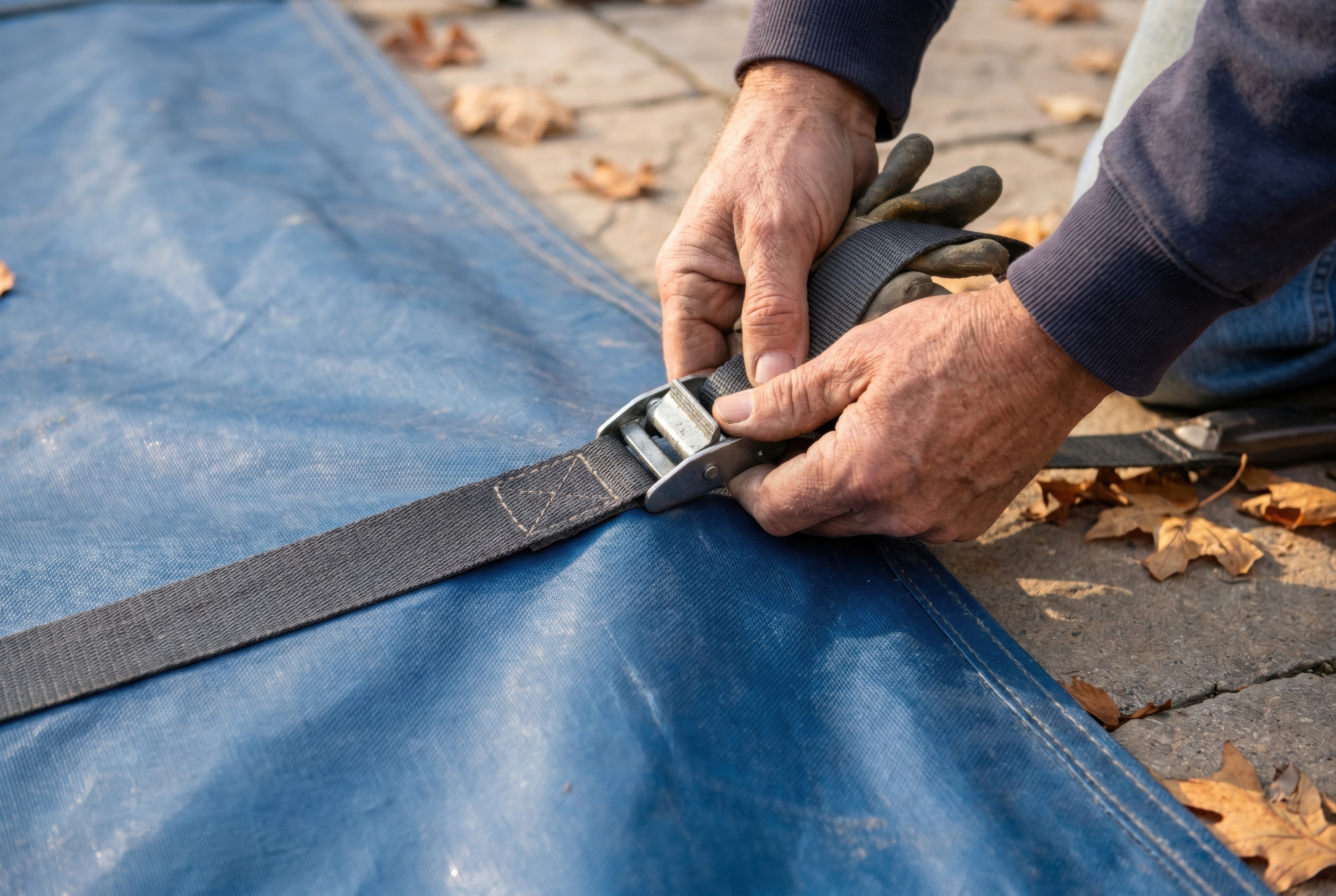 A man closing a safety cover strap for winter