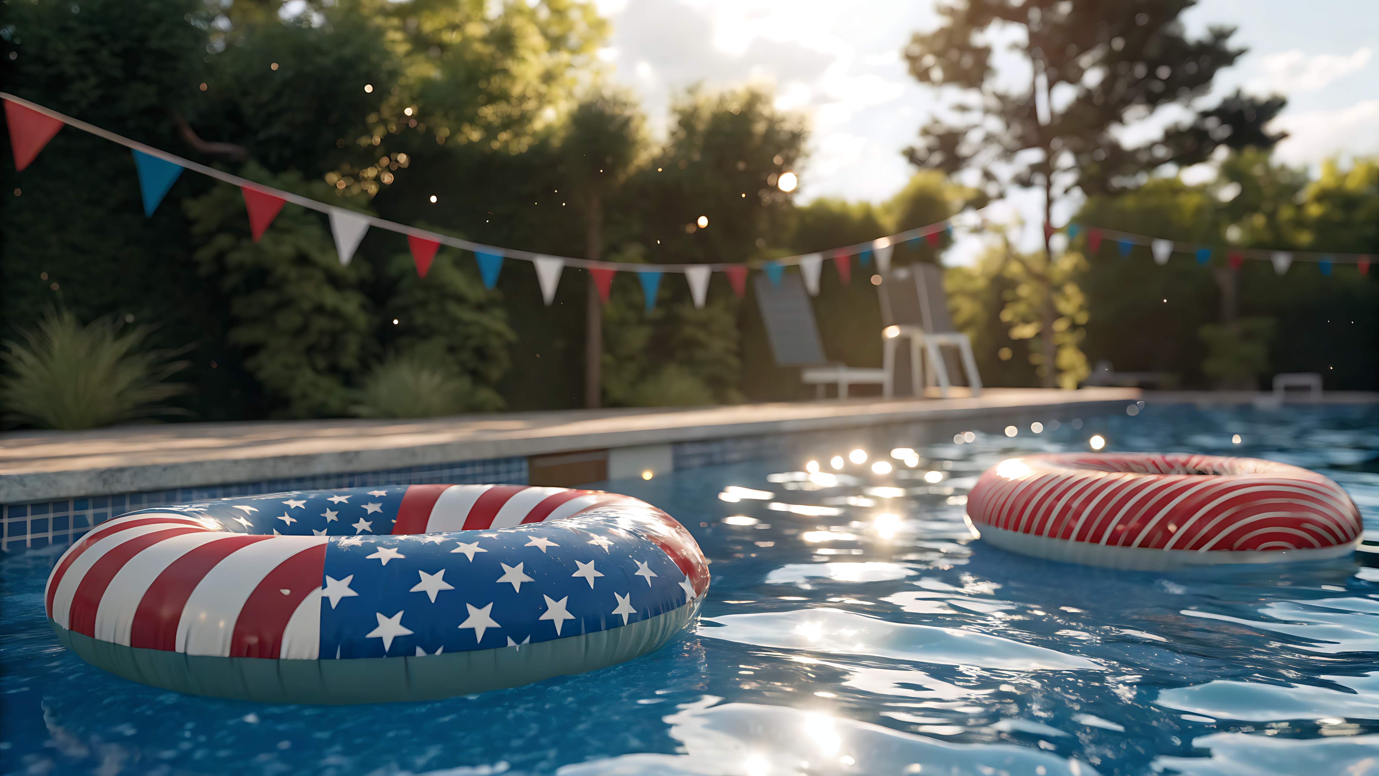 Patriotic floats in an inground pool