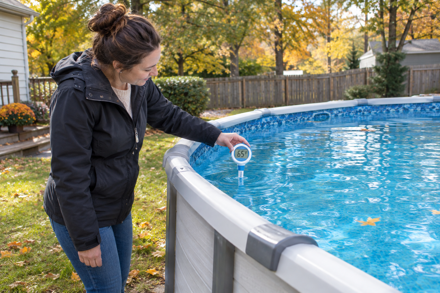 A woman checking the temperature of her pool to check if it's 65 degrees fahrenheit