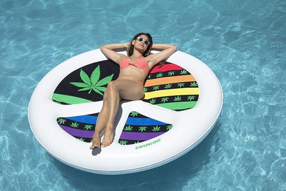 Woman Laying On Peace Mon' Island Inflatable Swimming Pool Float