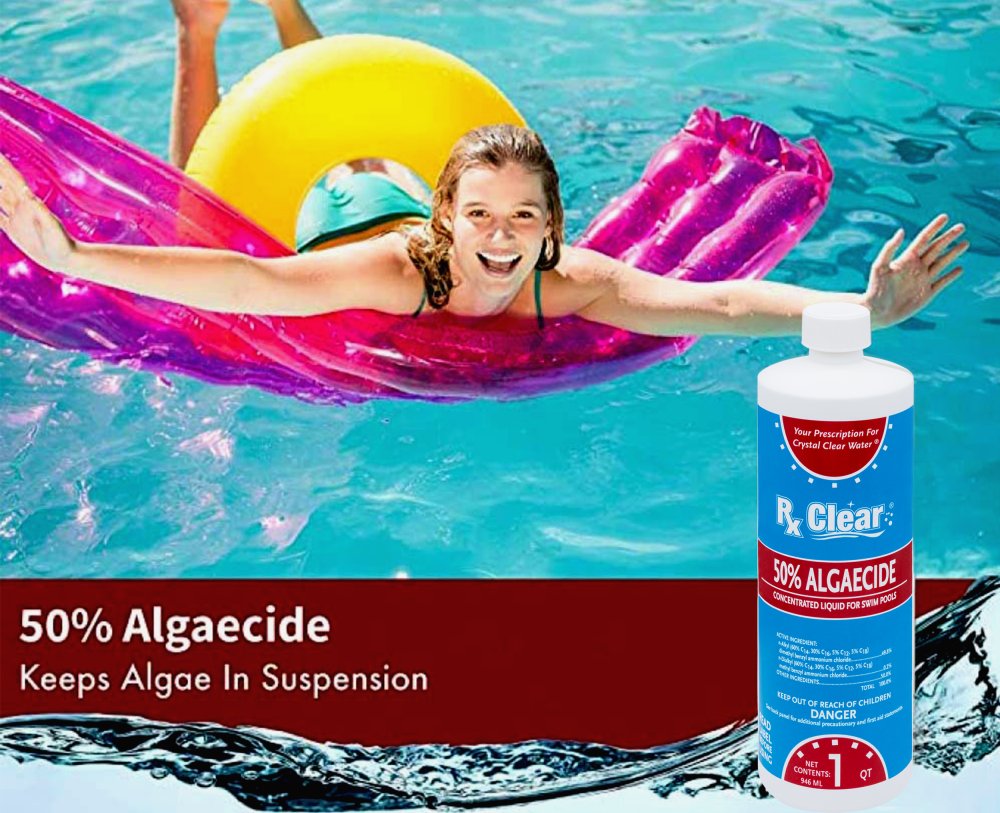 Rx Clear® Swimming Pool Algaecide 50 Plus Info & Girl On Float In Pool